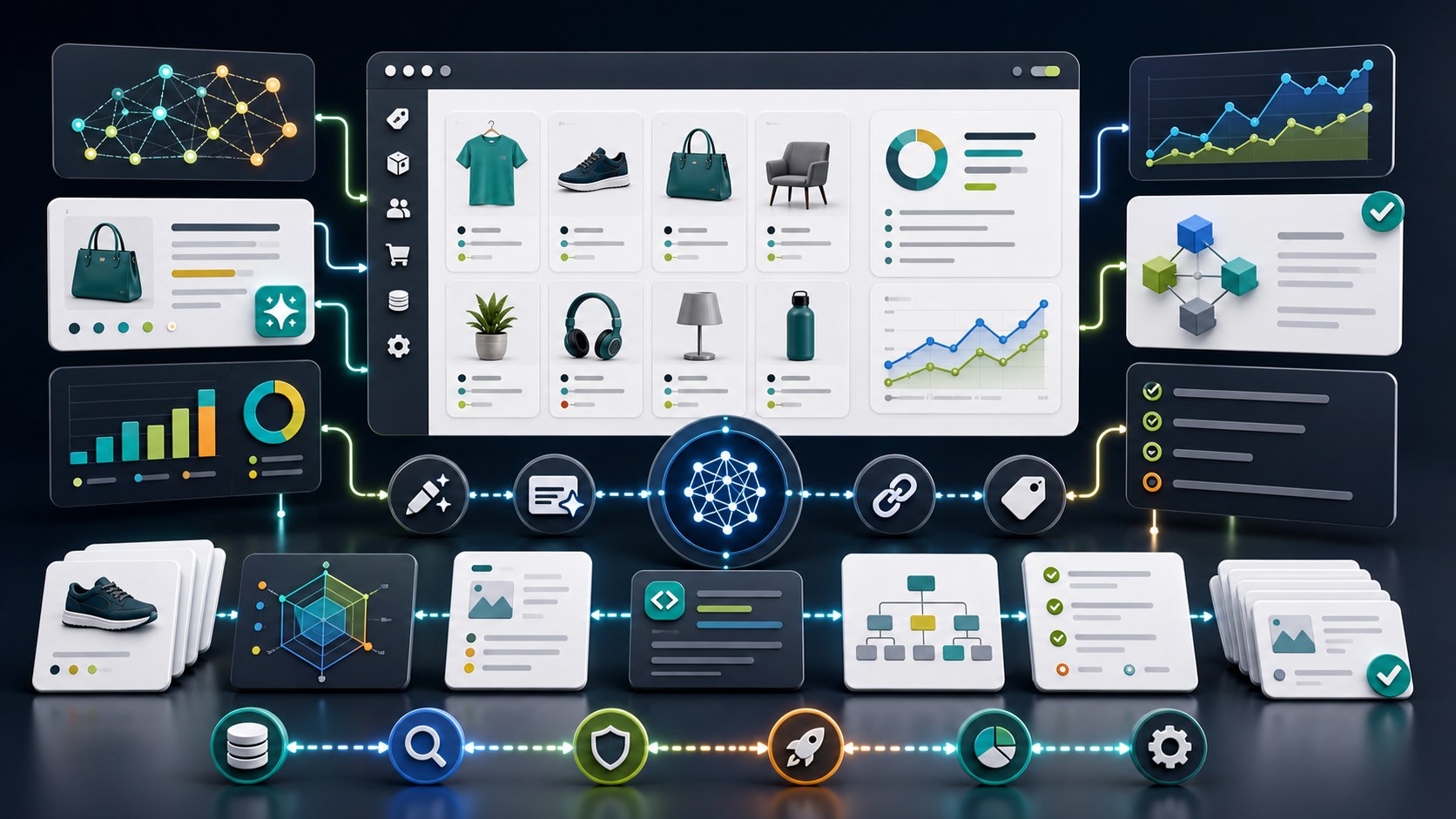 AI powered PrestaShop SEO dashboard with product metadata, schema, internal links and ranking charts