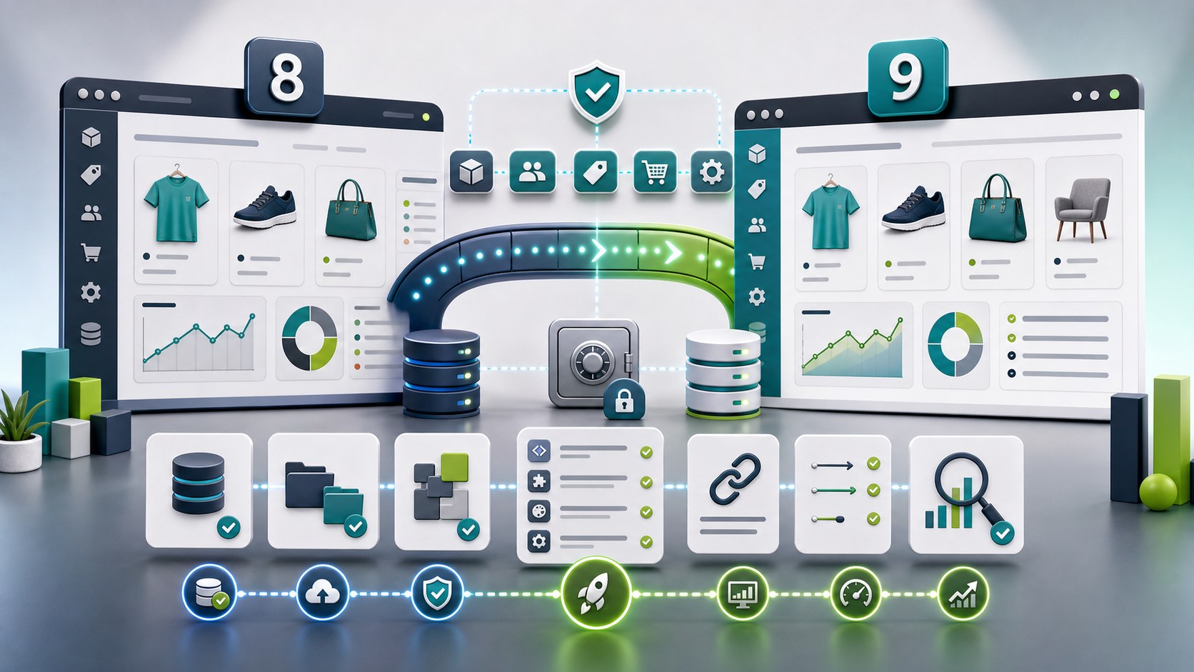 PrestaShop 9 migration readiness dashboard with store, database, security, SEO and validation steps