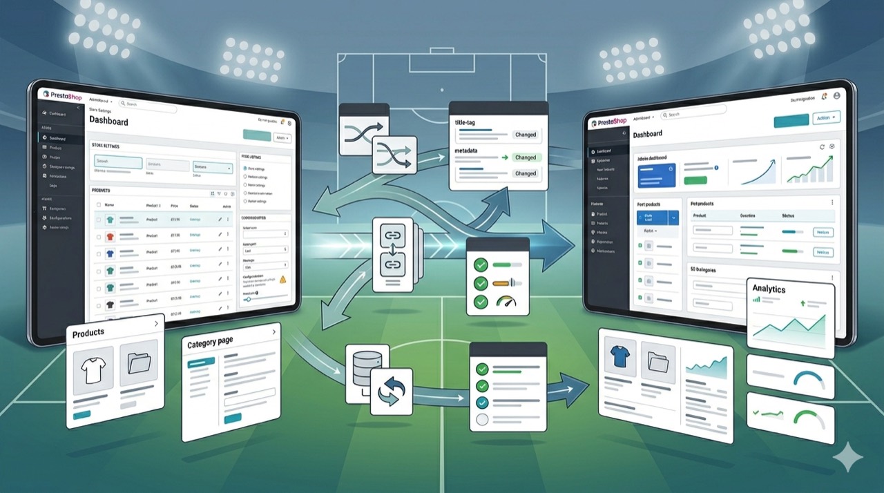 PrestaShop 8 to 9 SEO migration with title mapping, redirects, canonicals and module checks