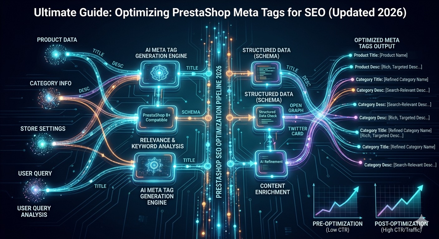 PrestaShop meta tags editor showing title, description and template signals