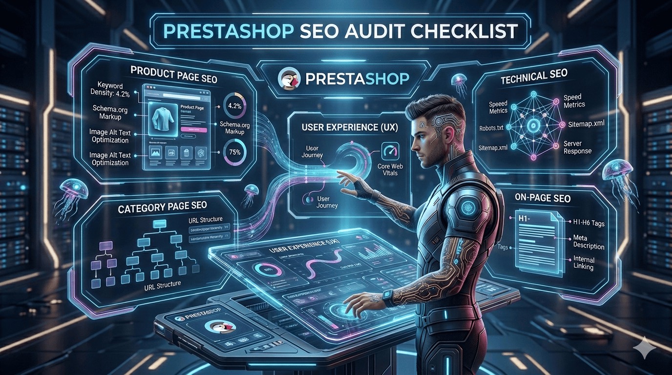 PrestaShop SEO audit dashboard with crawl, meta and ranking signals
